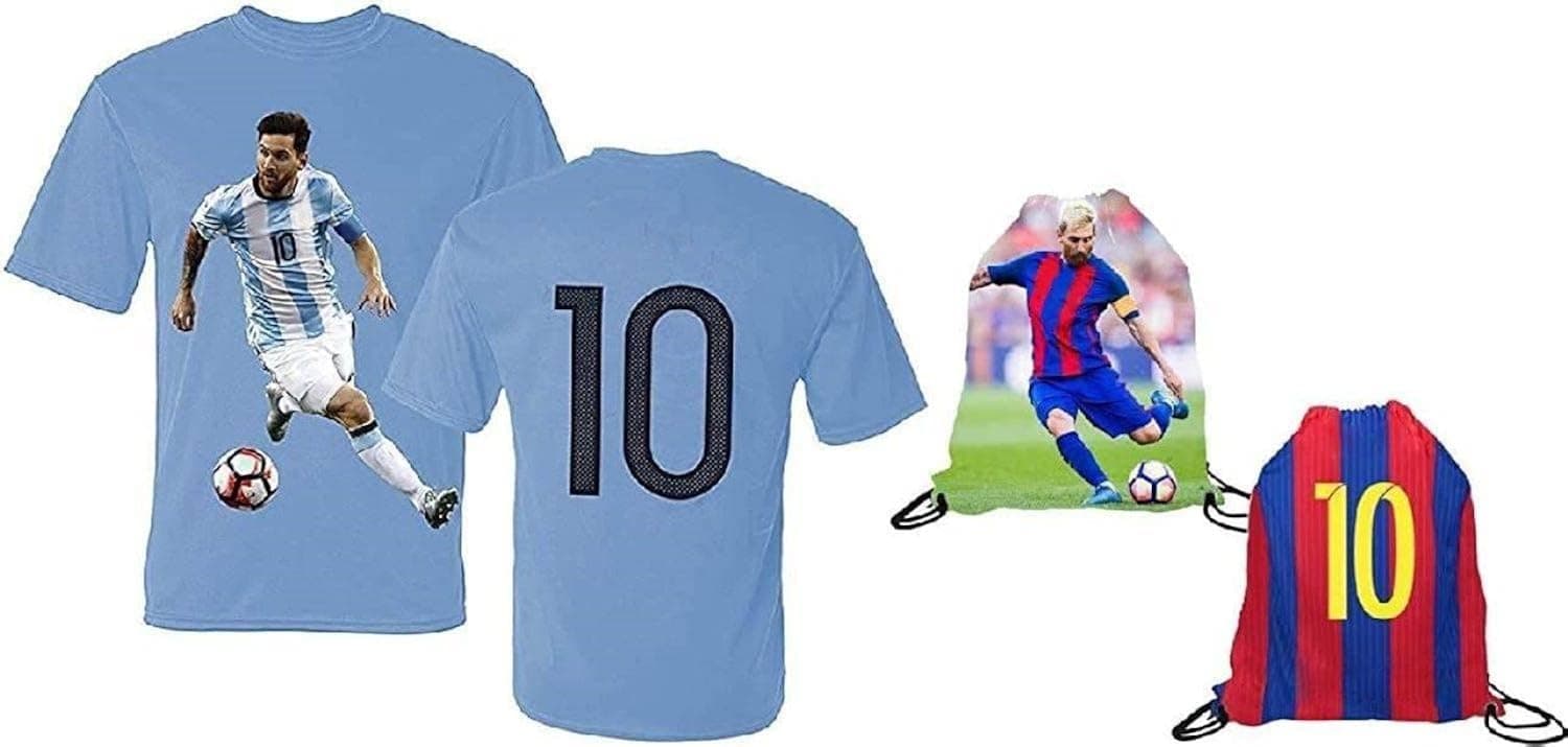 Messina Wear Argentina #10 Lightweight Breathable Jersey Kids T-Shirt Set Youth Sizes Soccer Backpack Packaging