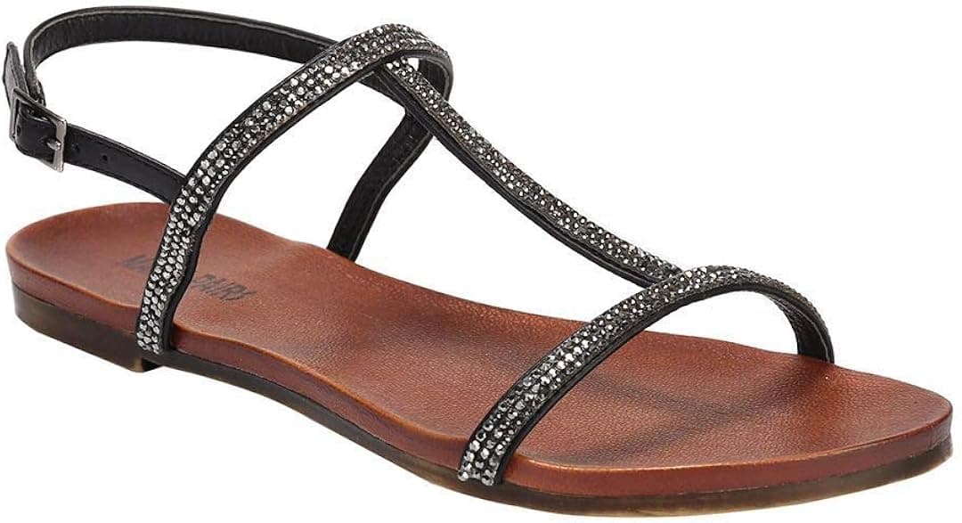 Flat Elastic Sandals for Women Womens Flats Rhinestones Sandles On Outdoor Shoes KMD492-34 (8 M US, Black)