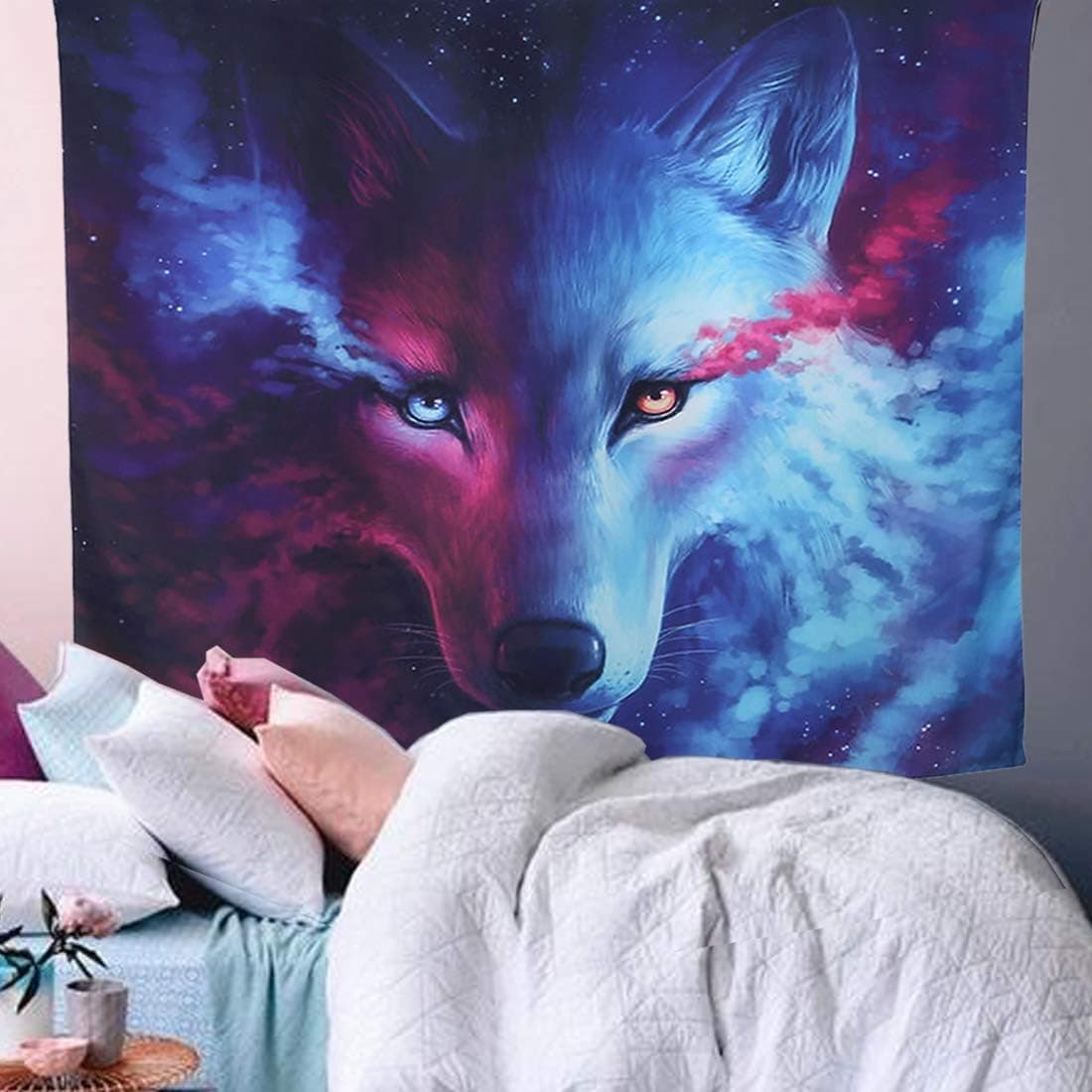 Eternal Beauty Wolf Tapestry Blue Purple Trippy Hippie Wall Tapestries for Dorm Bedroom Wall Decors(51 x59 Inches)