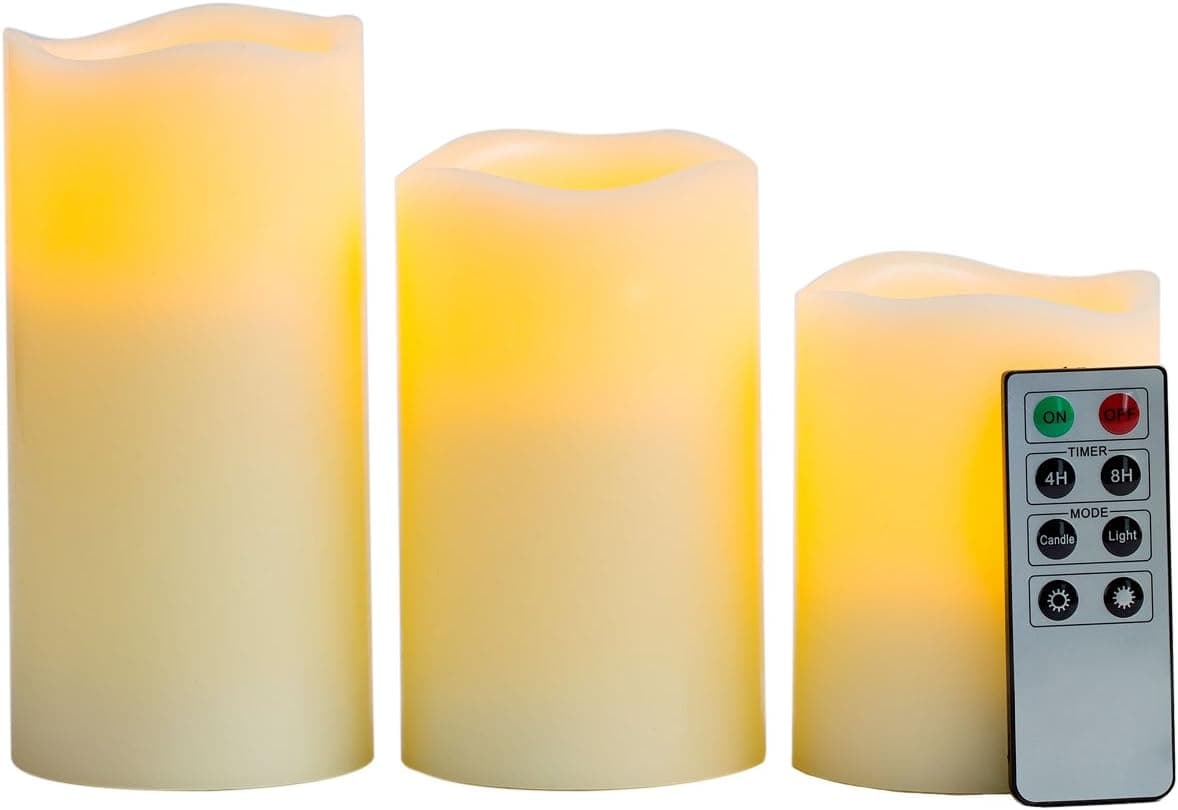 Flameless Wax Pillar Candles, Warm White Flickering LEDs, Set of 3, Remote & Batteries Included, Ivory Candle Set by LampLust