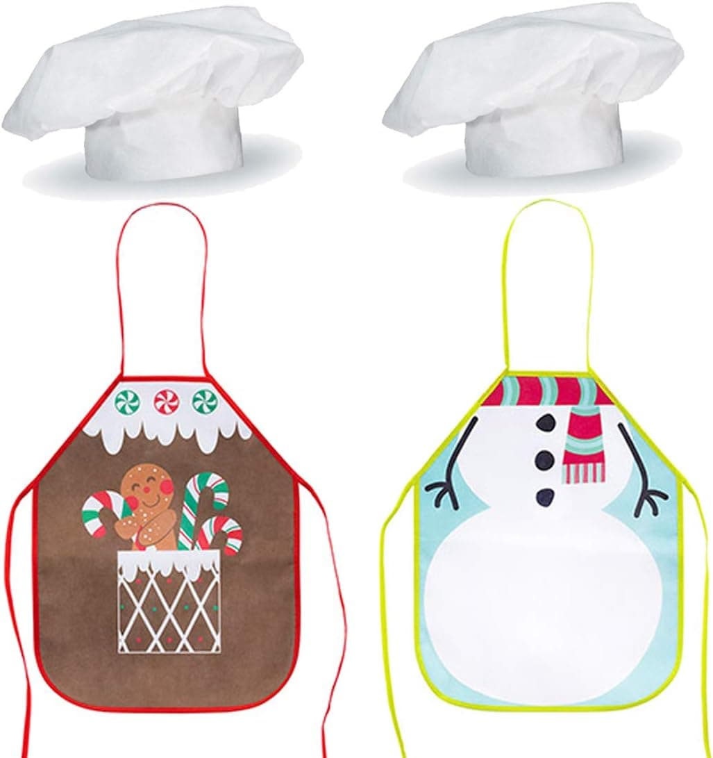 LightShine Products 2 Sets Kids Christmas Gingerbread & Snowman Aprons with Chef Hats Bundle for Gingerbread House Crafting Christmas Cookie Decorating or Holiday Baking (4 Pieces)