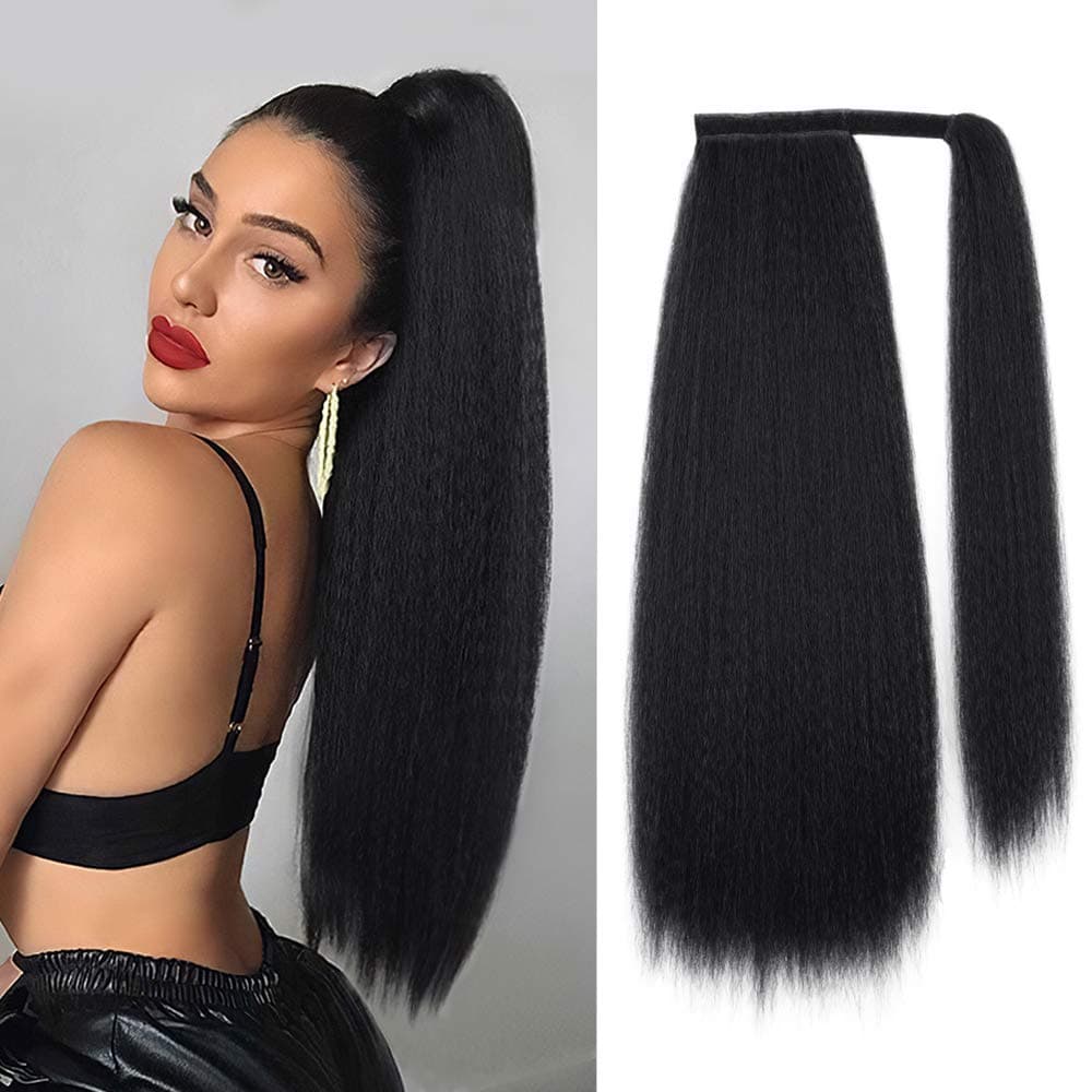 Isaic Yaki Ponytail Extension for Women Wrap Around Kinky Straight Ponytail Synthetic Clip in Magic Paste Hairpiece 24 Inch (1#)