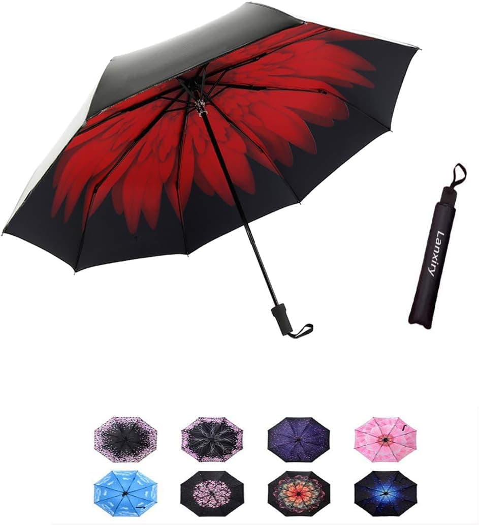 lanxiry Compact Travel Umbrella,Windproof Waterproof Stick Umbrella Anti-UV Protection Golf Umbrellas(Carmine)