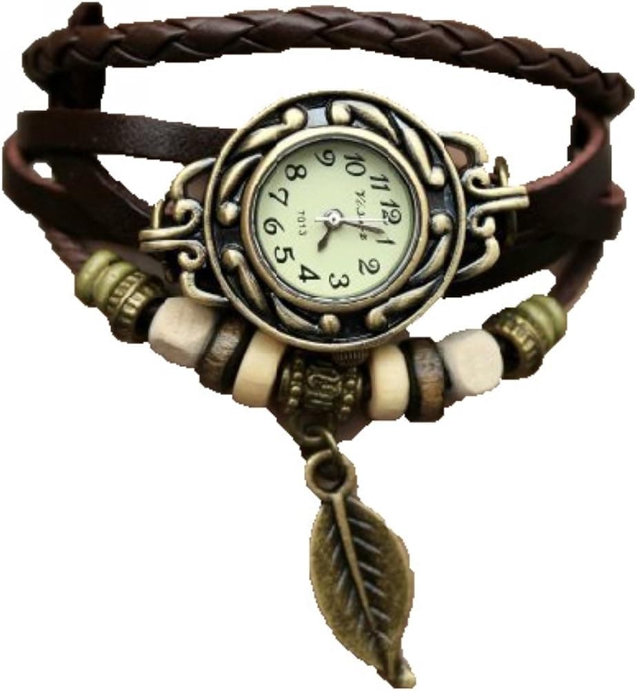 Brown Color Quartz Fashion Weave Wrap Around Leather Bracelet Lady Woman Wrist Watch