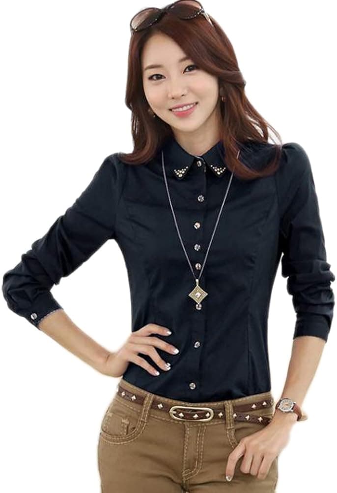 Genluna Women's Casual Long-sleeved Patchwork Spring Occupation Blouse