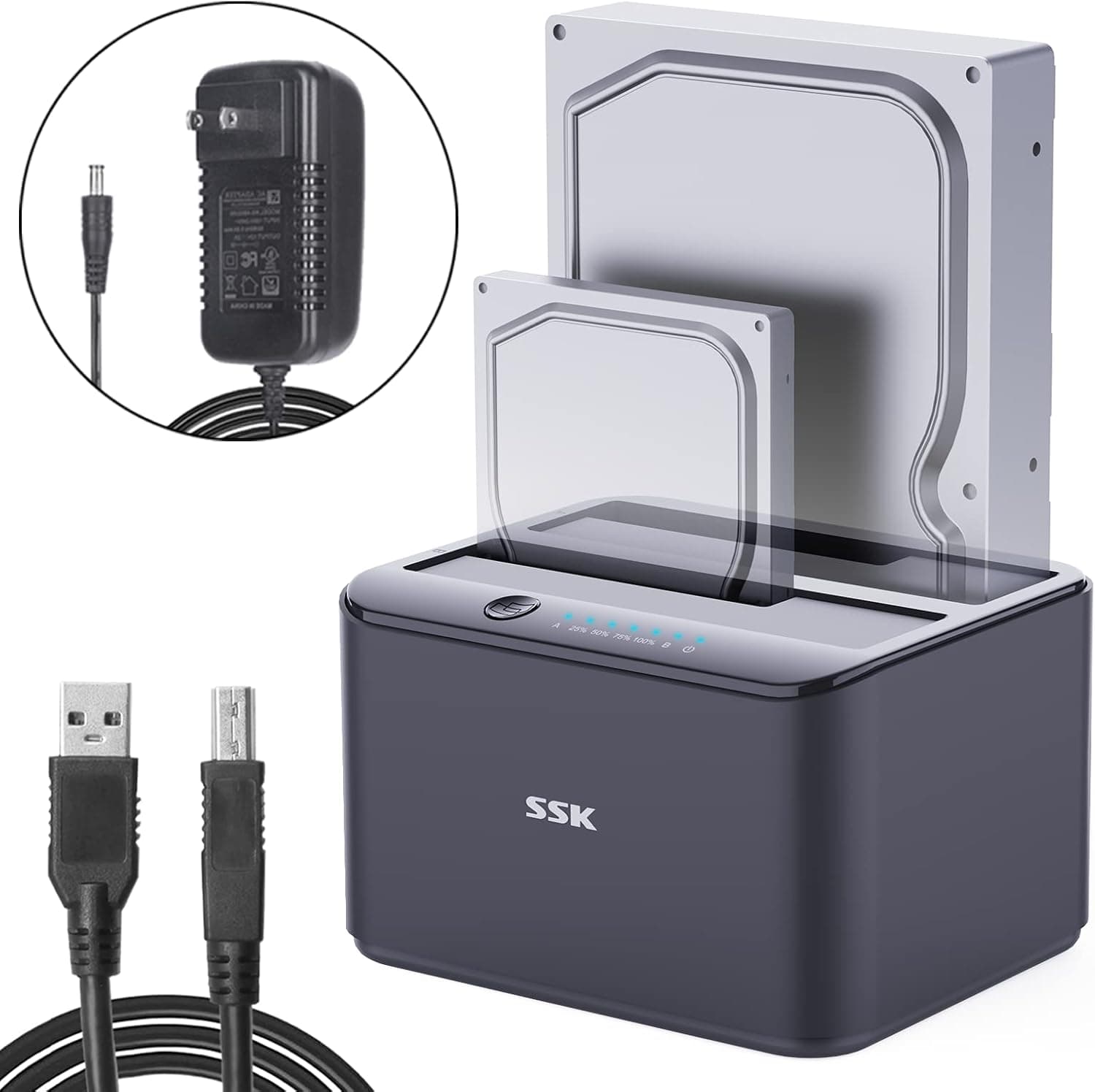 SSK Aluminum Hard Drive Docking Station, USB 3.0 to SATA Dual Bay External HDD Dock Caddy Reader for 2.5 & 3.5 inch SATA HDD SSD, with UASP Offline Cloner/Duplicator Function(2x16TB Supports) Black