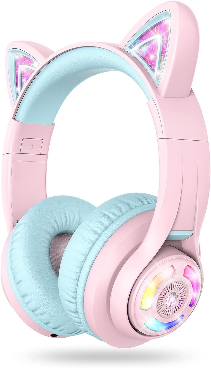 iClever Cat Ear Kids Bluetooth Headphones, LED Lights Up, 74/85/94dB Volume Limited, 50H Playtime, Bluetooth 5.2, AUX Cable, USB C, BTH13 Kids Headphones Wireless Over Ear for iPad/Tablet/Travel,Pink