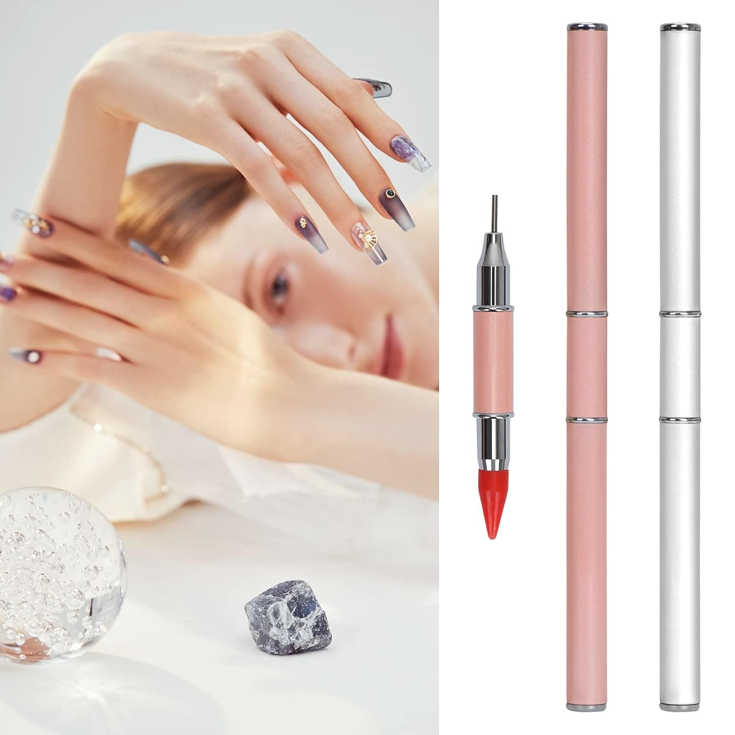 GoodSing Rhinestone Picker with Lids, Dual-end Rhinestones Picker DIY Nail Art Pen, 2 Pack Stainless steel Rhinestone Dotting Pen for Picking Nail Gems Stones Crystals, Pink+White