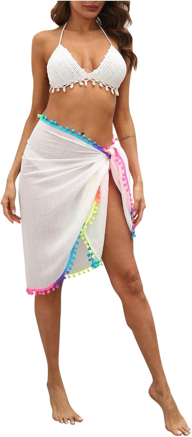 Toimothcn Women Beach Wrap Sarong Cover Up Tassel Patched Irregular One Piece Skirt with Bandage