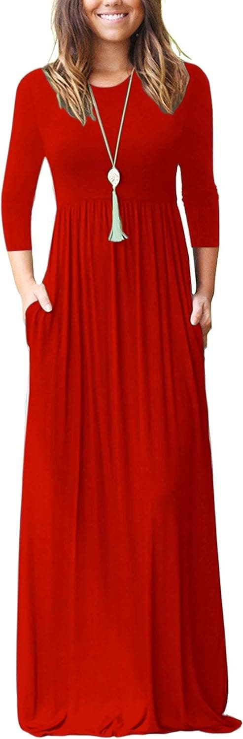 WNEEDU Women's 3/4 Sleeve Solid Color Loose Casual Long Maxi Dresses with Pockets (M, Red)