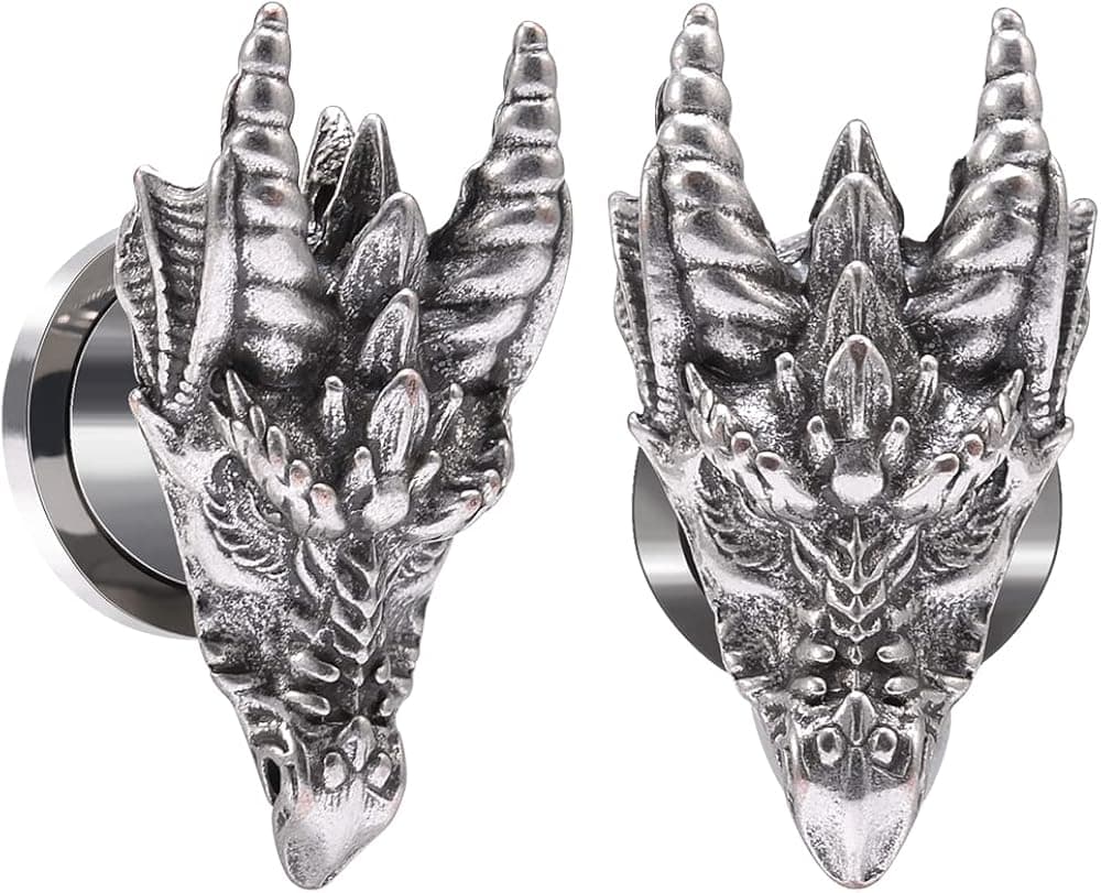 POBAISITER 1 Pair Stainless Steel Dragon Head Ear Gauges Tunnels Jewelry For Man For Woman Body Piercing Jewelry 2g-1/2 Inch Stretcher Plugs