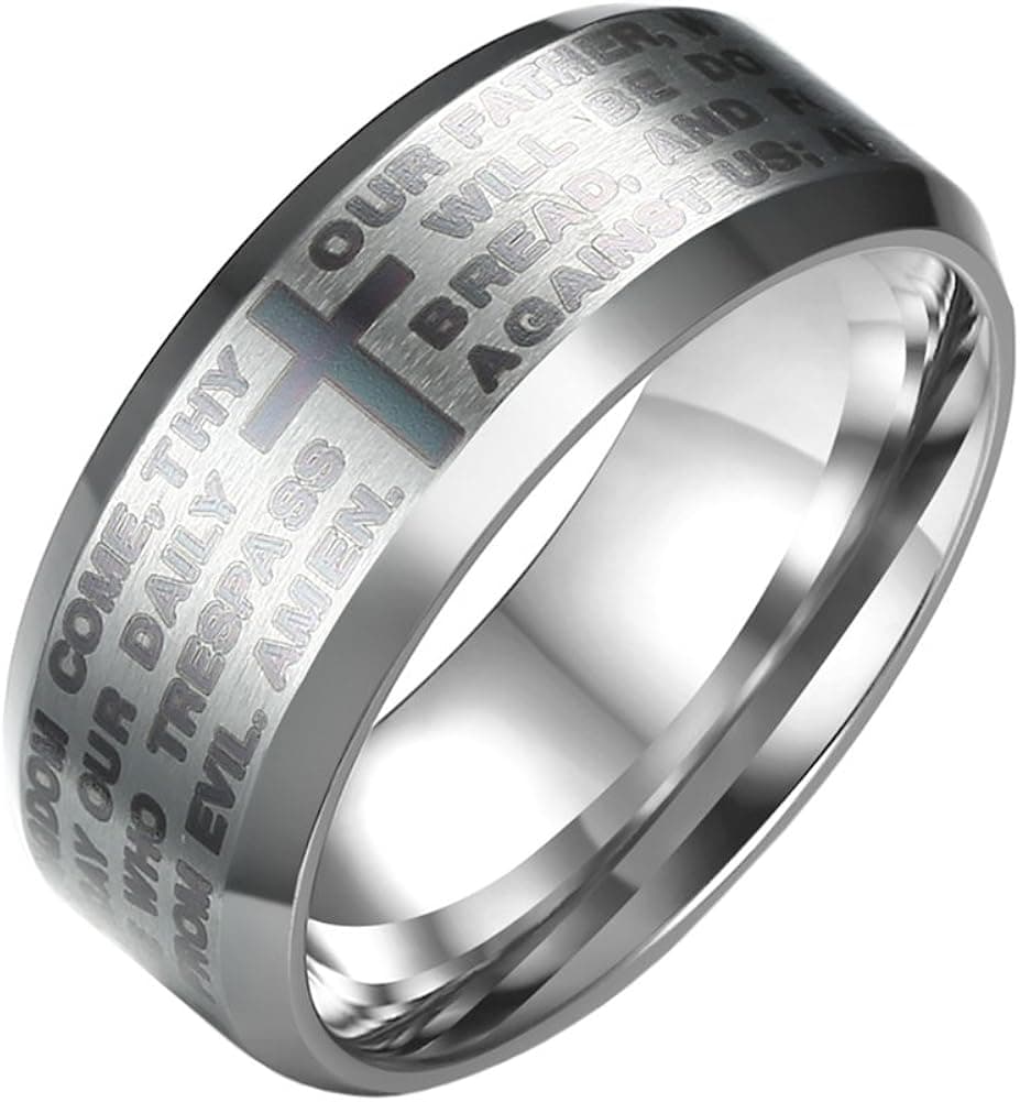 UNAPHYO Men's Stainless Steel Bible Verse Lord's Prayer Christian Cross Ring Band 8MM