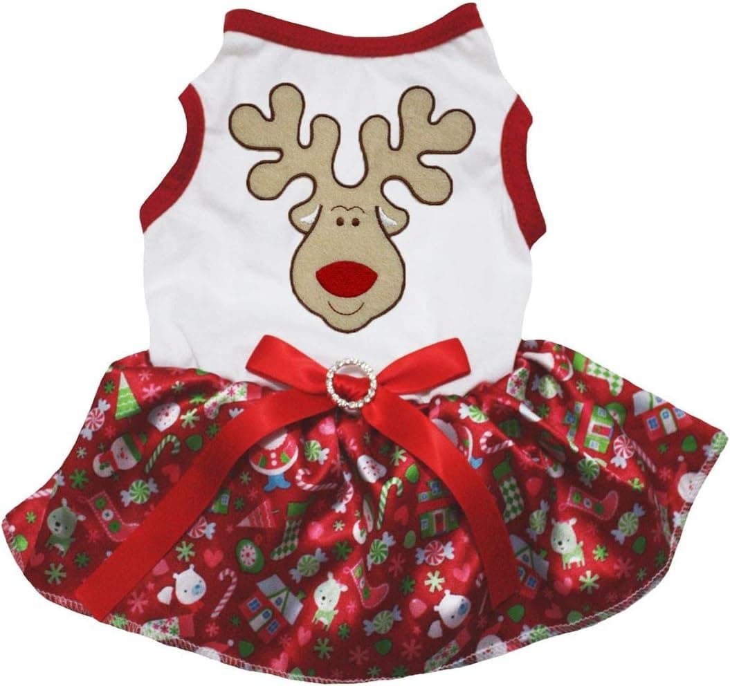 Petitebella Reindeer Face Puppy Dog Dress (White/Red Gifts, Large)