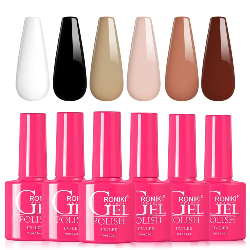 RONIKI 6 Colors Gel Nail Polish Set - White Black Light Brown Nude Gel Polish Kit, Soak Off UV LED Polish Nail DIY Home Nail Art Design Gifts for Women
