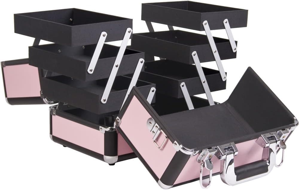SunRise C3002 3-Tier Accordion Trays Makeup Case with Shoulder Strap, 12-Inch, Smooth Pink