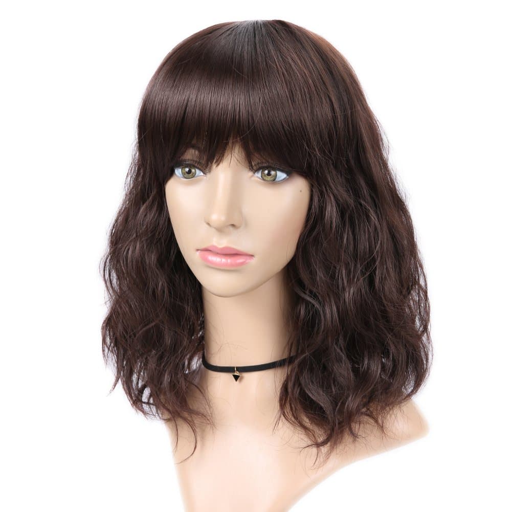 Quick Wig Short Brown Curly Wigs with Bangs 14 Inches Wavy Daily Party Synthetic Glueless Wigs for Women(Brown 4#)