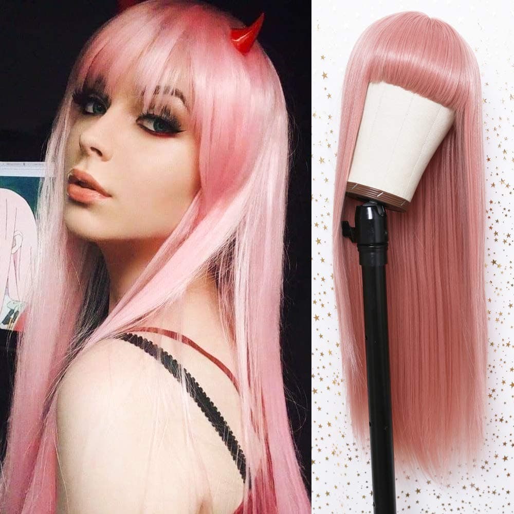 Fugady hair Pink Wig With Bangs Light Pink Long Synthetic Straight Wig With Bangs Wigs For Women Heat Resistant Fiber Cosplay Costume Wigs Heat Resistant Fiber Full Machine Made Party Daily Wig