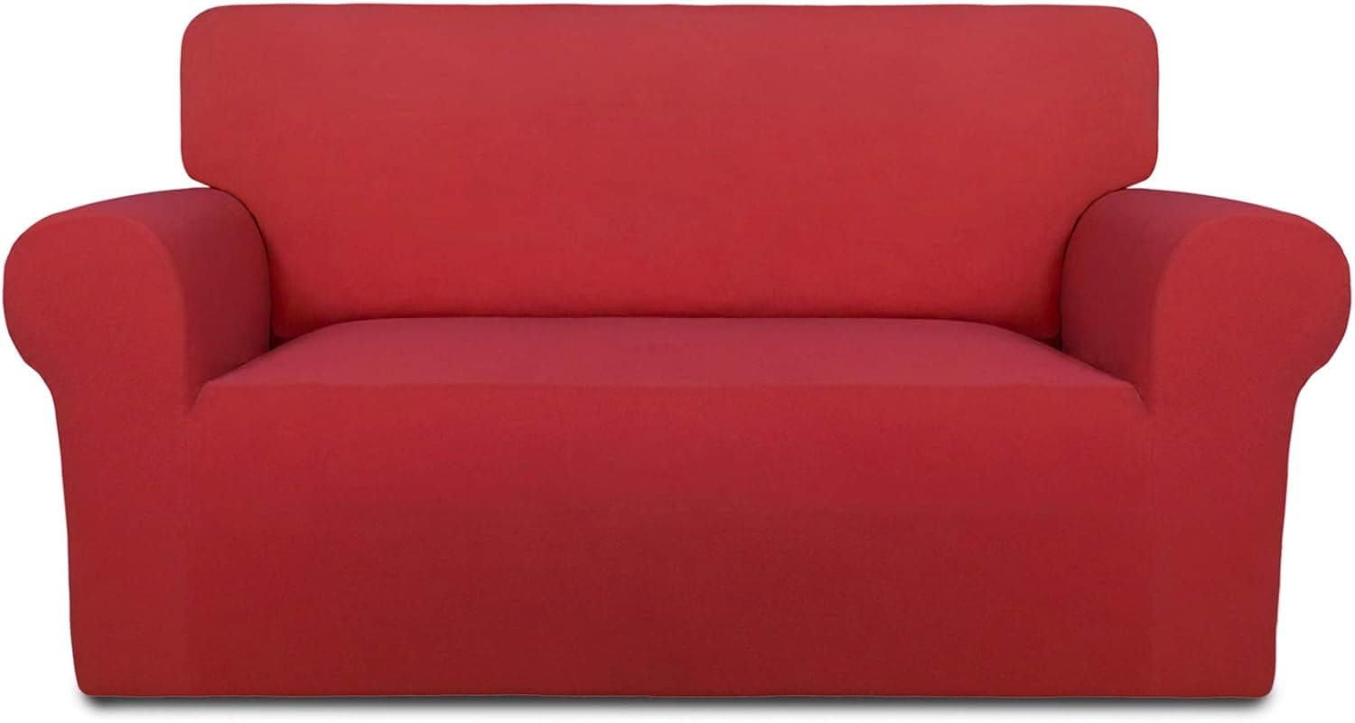 PureFit Super Stretch Chair Sofa Slipcover – Spandex Non Slip Soft Couch Sofa Cover, Washable Furniture Protector with Non Skid Foam and Elastic Bottom for Kids, Pets (Loveseat, Red)