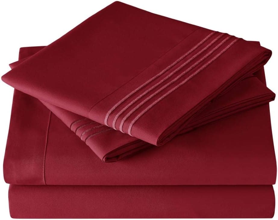 Queen Sized Sheets Set - 4 Pieces - Double Brushed 2200 High Thread Count Microfiber - Double Elastic Corners - Four Lines Embroidery - Wrinkle Free - Fade, Stain, Shrink Resistant (Queen, Burgundy)