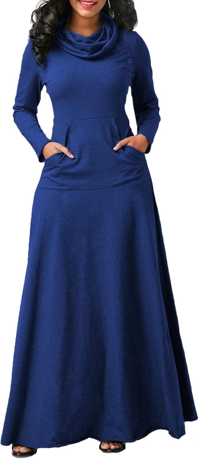 Akivide Women Long Sleeve Turtleneck Cowl Neck Maxi Dress Fall Winter Plus Size Long Dress with Pockets
