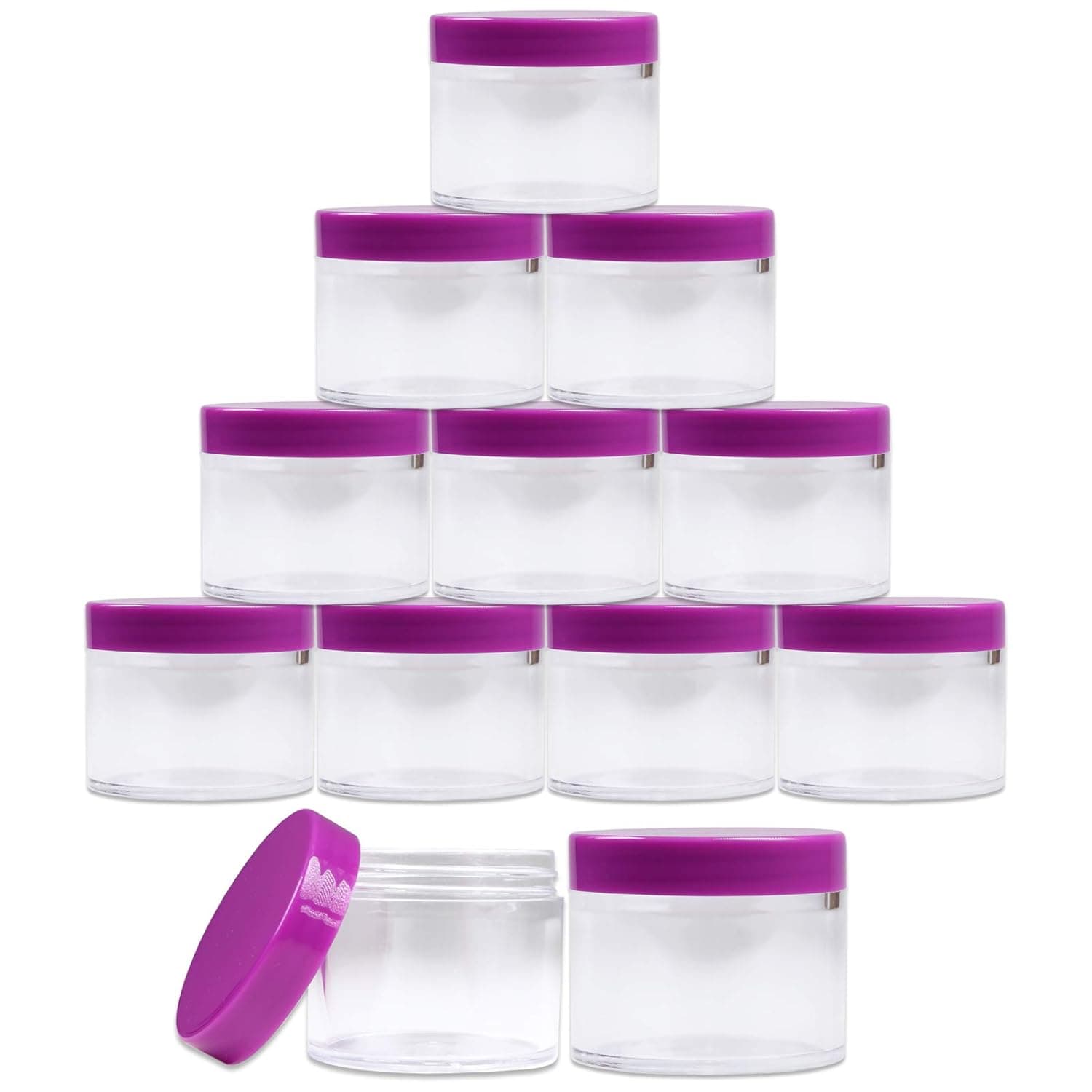 Beauticom 60 Grams/60 ML (2 Oz) Round Clear Leak Proof Plastic Container Jars with PURPLE Lids for Storage Cosmetic Lotion Scrubs Creams Ointments (12 Pieces Jars + Purple Lids, PURPLE)