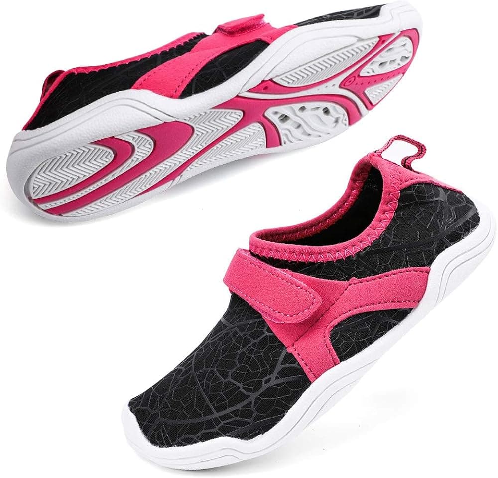 HIITAVE Girls & Boys Water Shoes Lightweight Comfort Sole Easy Walking Athletic Slip on Aqua Sock(Toddler/Little Kid/Big Kid) Black/Fushia 4.5-5 Big Kid