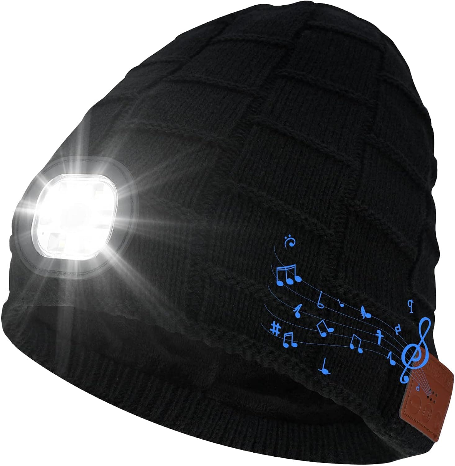 WIOR Bluetooth Beanie Hat Wireless Bluetooth Music Hat with LED Headlight Unisex Washable Rechargeable Hat Music Beanie Knitted Musical Cap for Running Skiing Hiking Cycling Gifts for Men Women Black