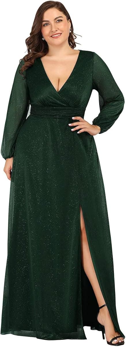 Ever-Pretty Women's Long Sleeve Deep V-Neck High Slit Plus Size Party Gowns Prom Dress Dark Green US20