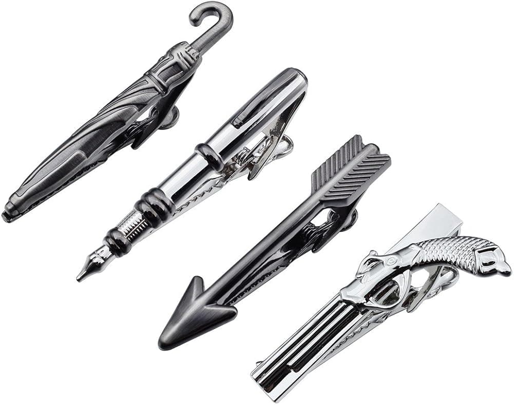 HAWSON 4Pcs NoveltyTie Bar Clips Set for Men Tie Accessories Silver Gun Color