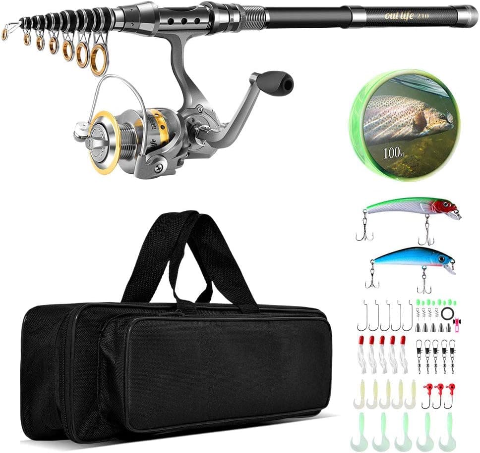 outlife Fishing Tackle Kit with Spinning Rod Reel Combos Line Lures Hooks Travel Bag, for Sea Saltwater Freshwater Boat Fishing, Starter Professional Full Set