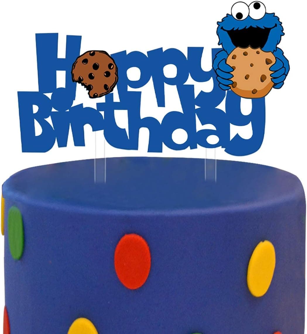 Blue Acrylic Sesame St Inspired Happy Birthday Cake Topper, Cookie Monsters Smash Cake Topper, Kids Birthday Party Decoration Supplies