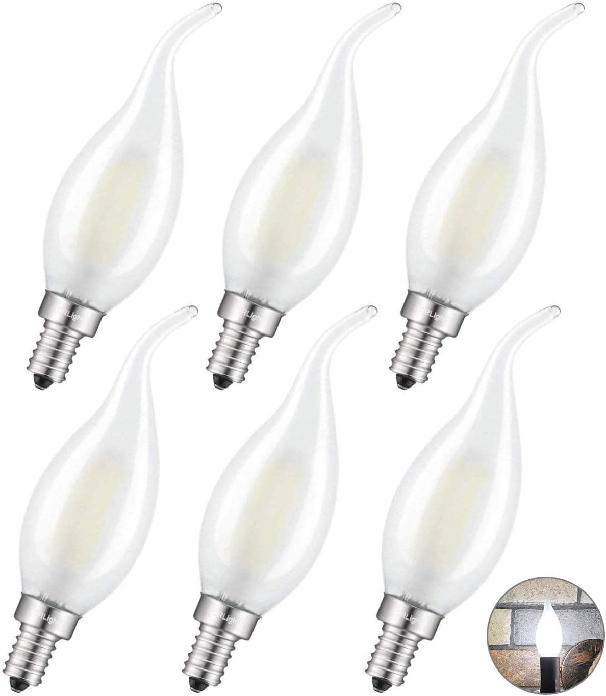CRLight 4W LED Candelabra Bulb 4000K Daylight White 45W Equivalent 450LM, E12 Base Antique C35 Frosted Glass Candle Flame Shape, Dimmable LED Chandelier Light Bulbs, 6 Pack