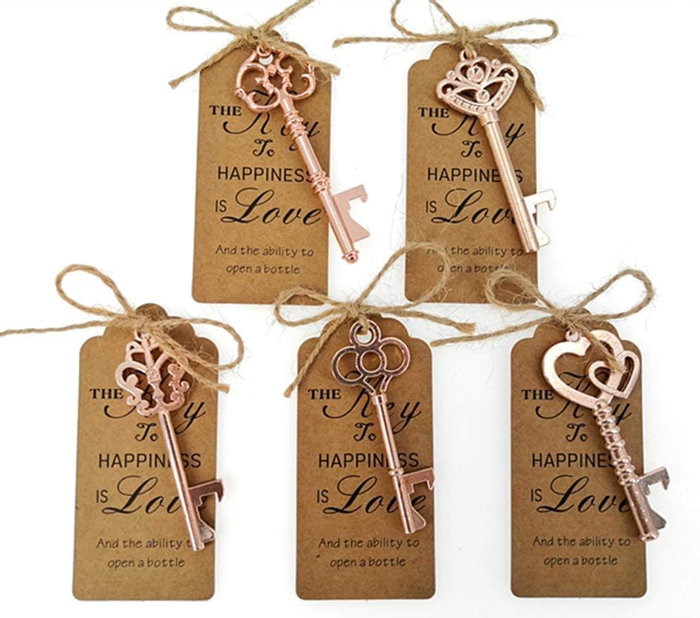 50pcs Skeleton Key Bottle Opener Wedding Party Favor Souvenir Gift with Escort Tag and Jute Rope (Rose Gold Tone,5 styles)