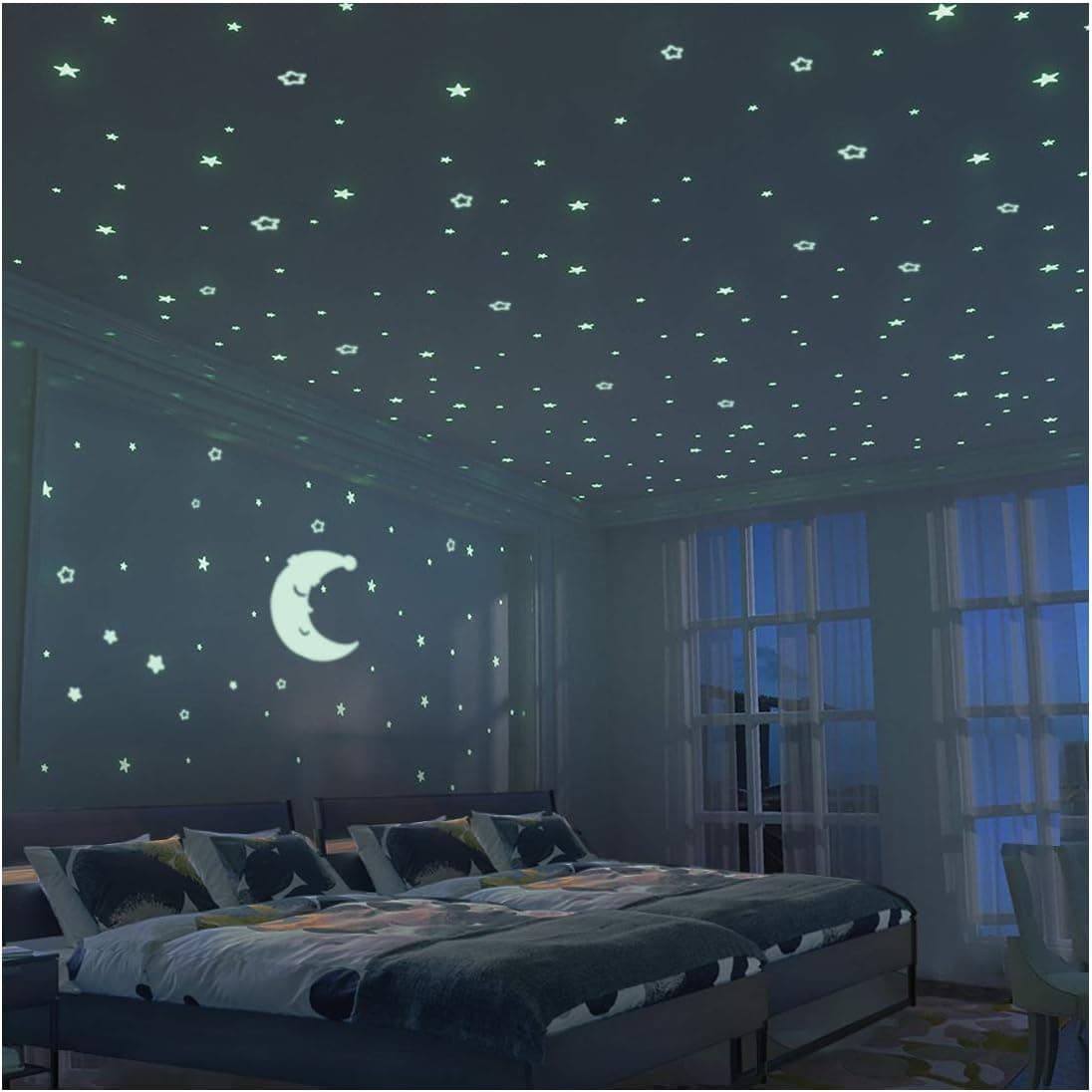 Glow in The Dark Moon and Stars - 300PCS - 9.4" Large Moon and Various Size Fluorescent Stars for Ceiling Decoration in Kids Room