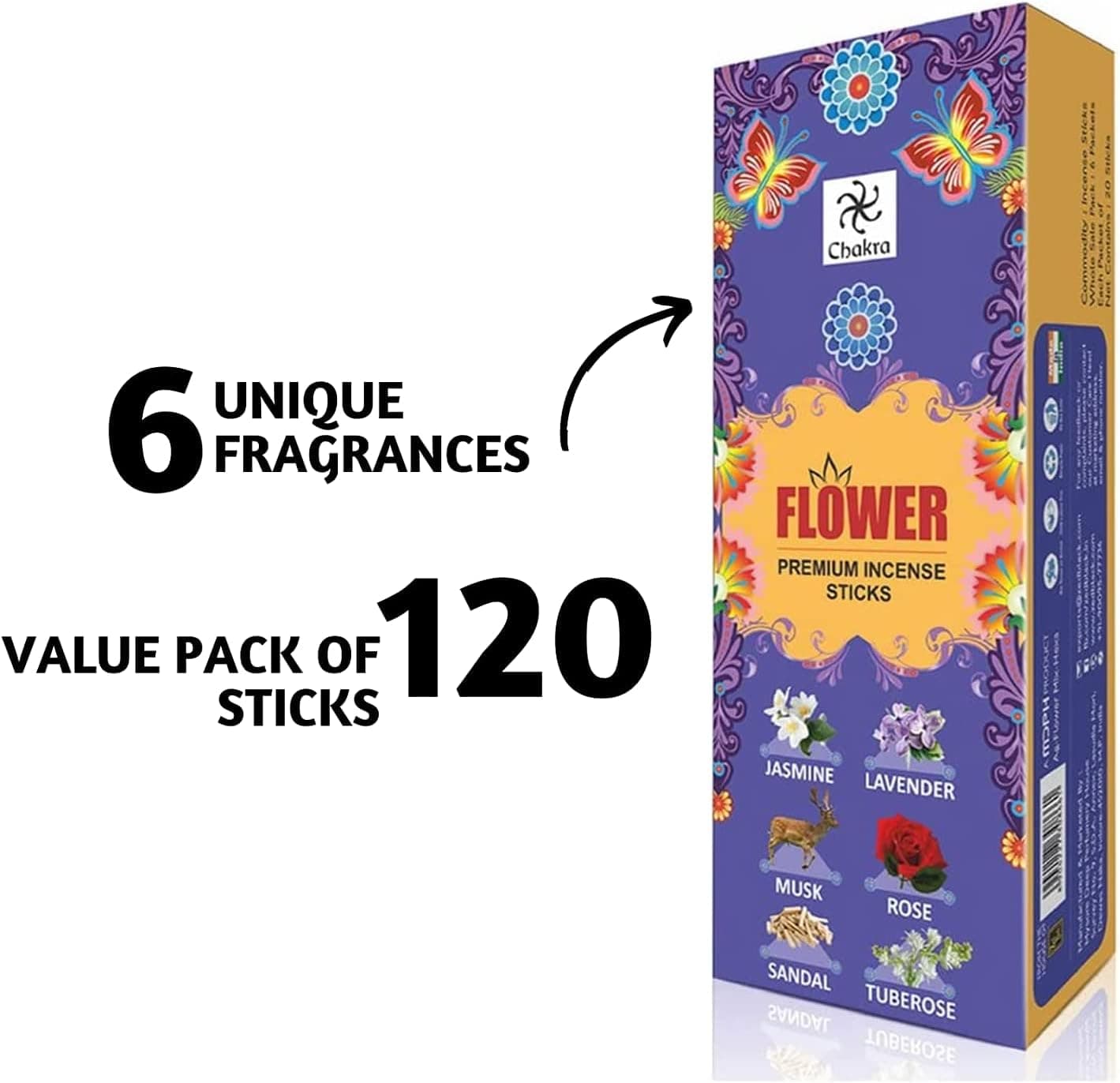 Joy Premium Natural Incense Sticks Pack of 6 Jasmine, Lavender,Musk,Rose,Sandal, Tuberose Blossomy Aroma Insence Stick for Home Office Natural Fragranc Long-Lasting Scented Incense Sticks