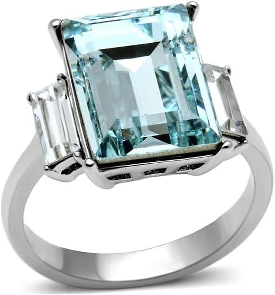 Nationalonlinediscounts Emerald Cut Rectangle Aqua Sea Blue Aquamarine Topaz CZ Stainless Steel Ring Sizes 5,6,7,8,9 & 10