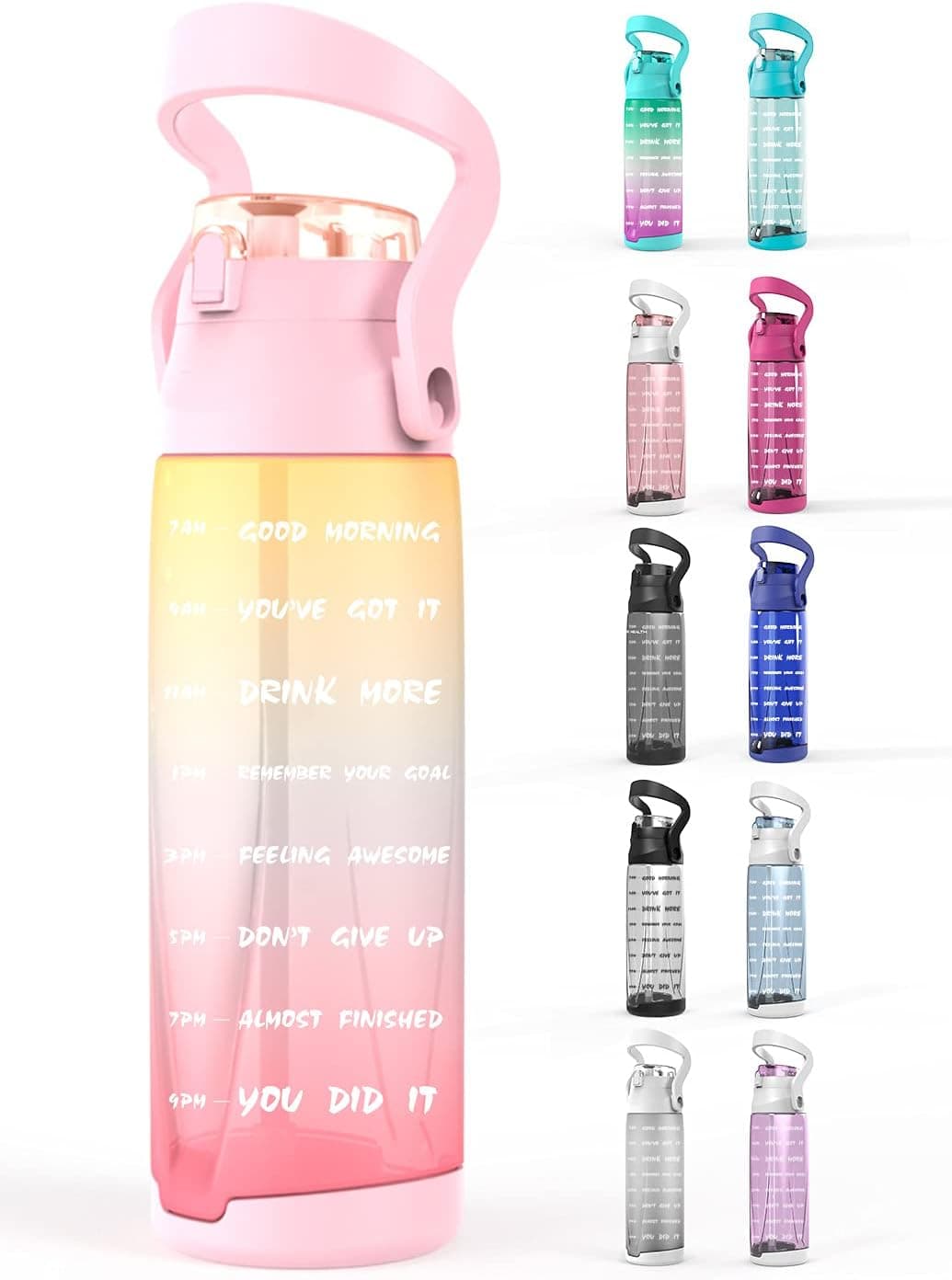 Half Gallon/64oz Water Bottle with Time Marker Motivational Water Bottle with Straw and Handle BPA Free Water Jug