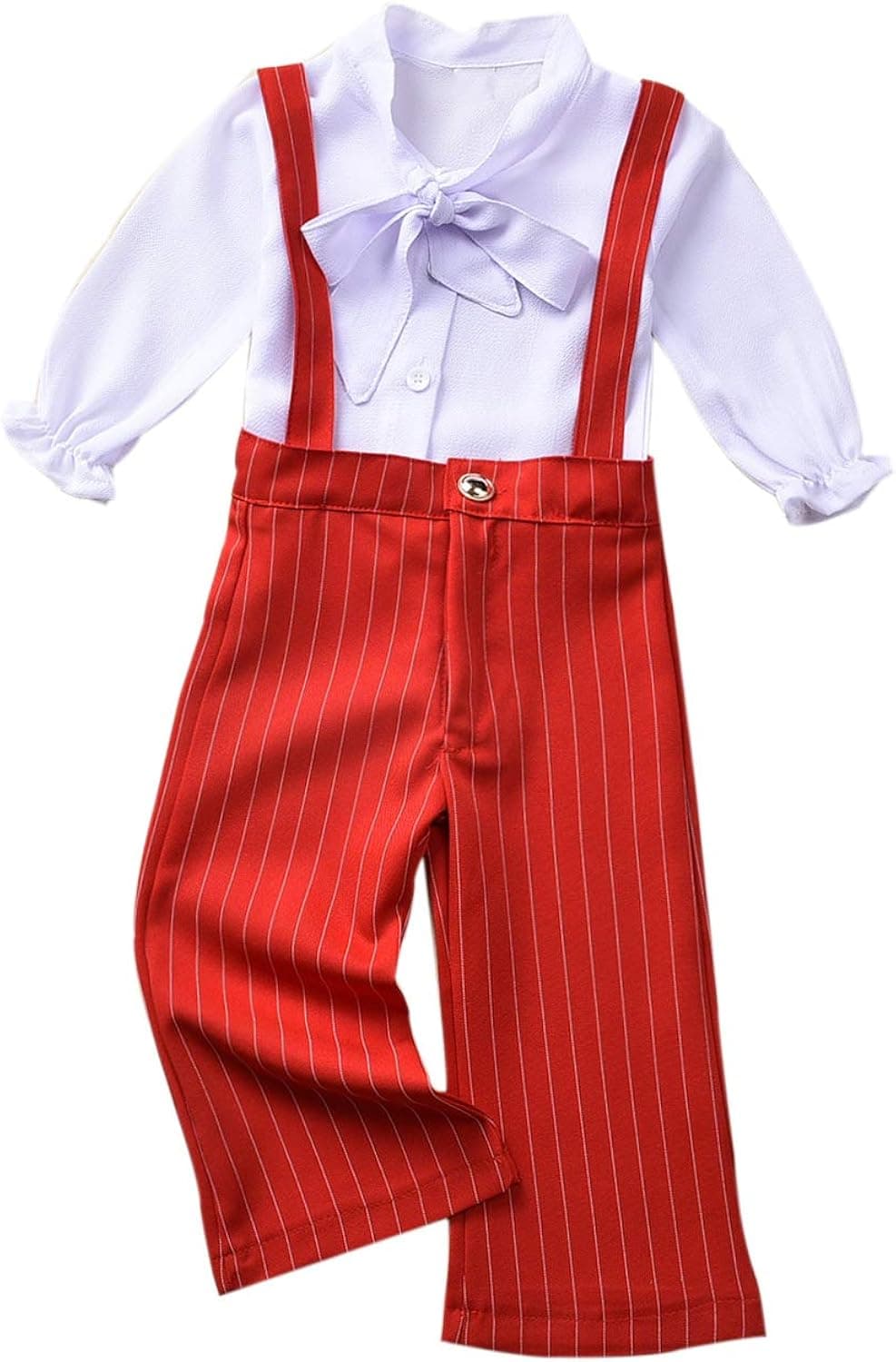 Fioukiay Toddler-Girl-Uniform-Overall-Outfits Chiffon Blouse Shirts Tops+Striped Suspenders Pants Office Style Clothes Set (White&Red, 12-18Months)