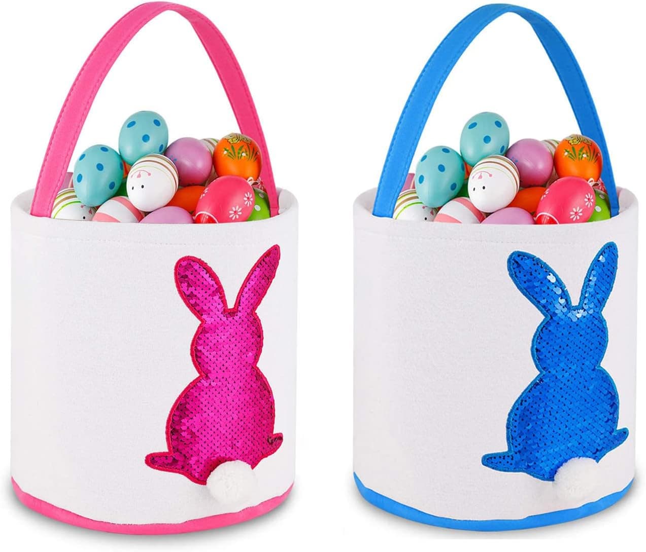 Smile Easter Canvas Tote Bag for Kids, Reusable Easter Bunny Baskets, Party's Celebrate Decoration Eggs Candy and Gifts Carry Bucket