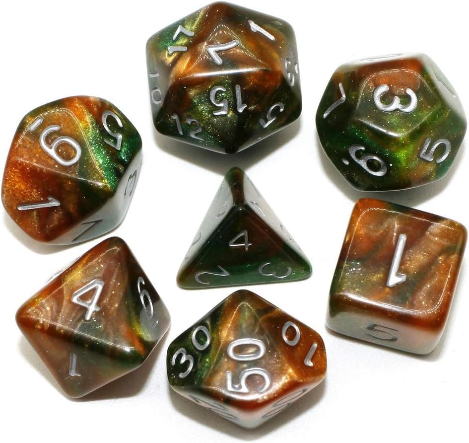 Dice DND Green Mix Brown RPG Dice Set Fit Dungeons and Dragons(D&D) Pathfinder Role Playing Games 7 Polyhedral Glitter Dice Set