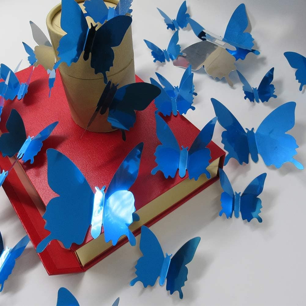 96Pcs 3D Mirror Butterflies Wall Stickers Fashion Design DIY Art Decals Crafts Home Decoration (Blue)