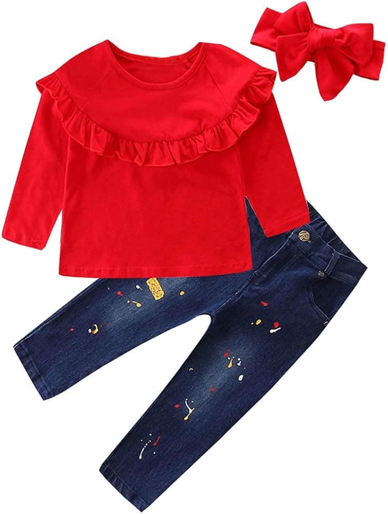 Scfcloth Kids Clothes Girls Lotus Leaf Collar Long Sleeve Tops + Long Jeans Clothing Set Outfits