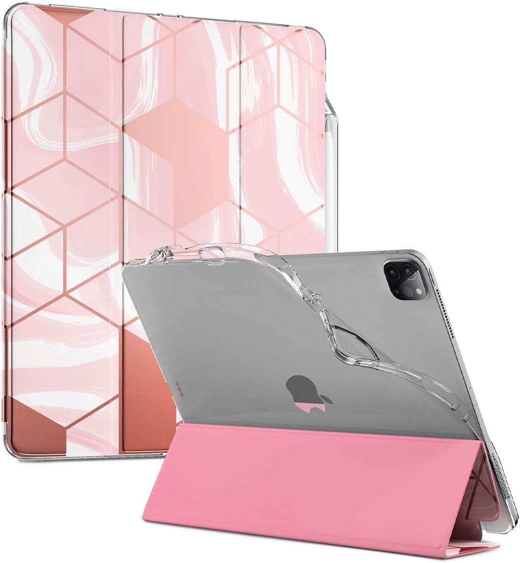 Popshine Marble Lite Series Designed for Apple iPad Pro 12.9 2020 & 2018 Case, Smart Cover with Pencil Holder, Flexible Soft Clear TPU Back, Slim Fit Trifold Stand Folio Front, Liquid Marble Pink