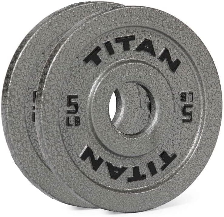 Titan Fitness 5 LB Cast Iron Olympic Plates, Sold In Pairs, Classic Weight Plate Design, Silver Hammer Finish