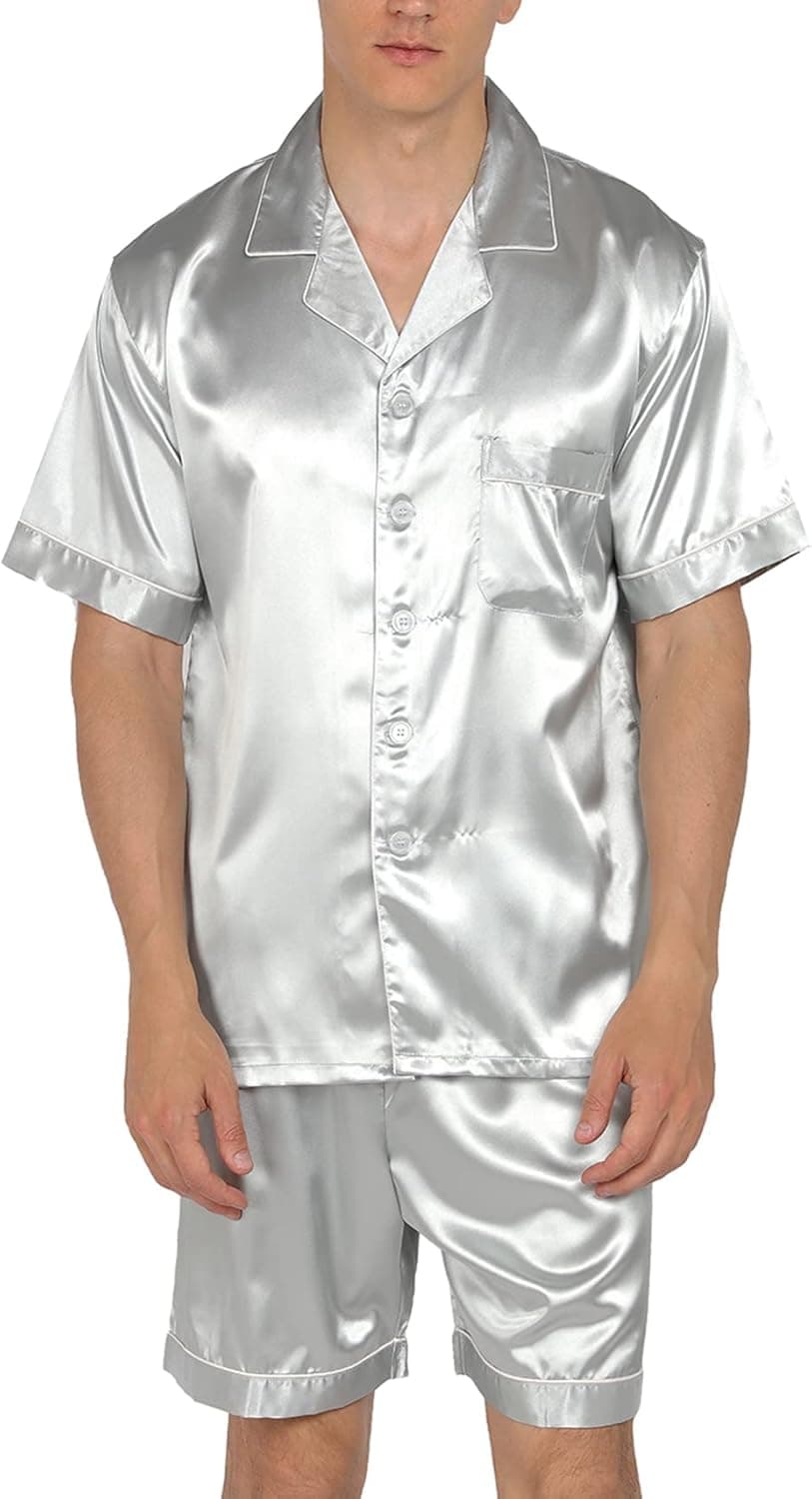 YIMANIE Mens Silk Satin Pajamas Set Short Sleeve and Shorts Classic Sleepwear Loungewear…