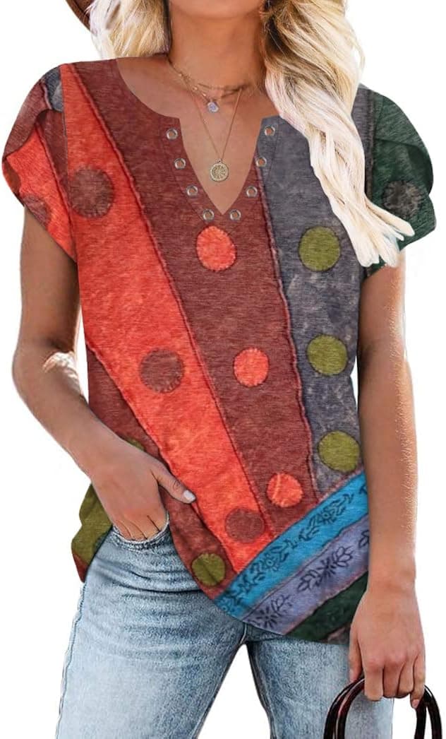 Womens Summer Casual T-Shirts Ring Hole V Neck Petal Short Sleeve Tops Loose Comfy Tunic Tops
