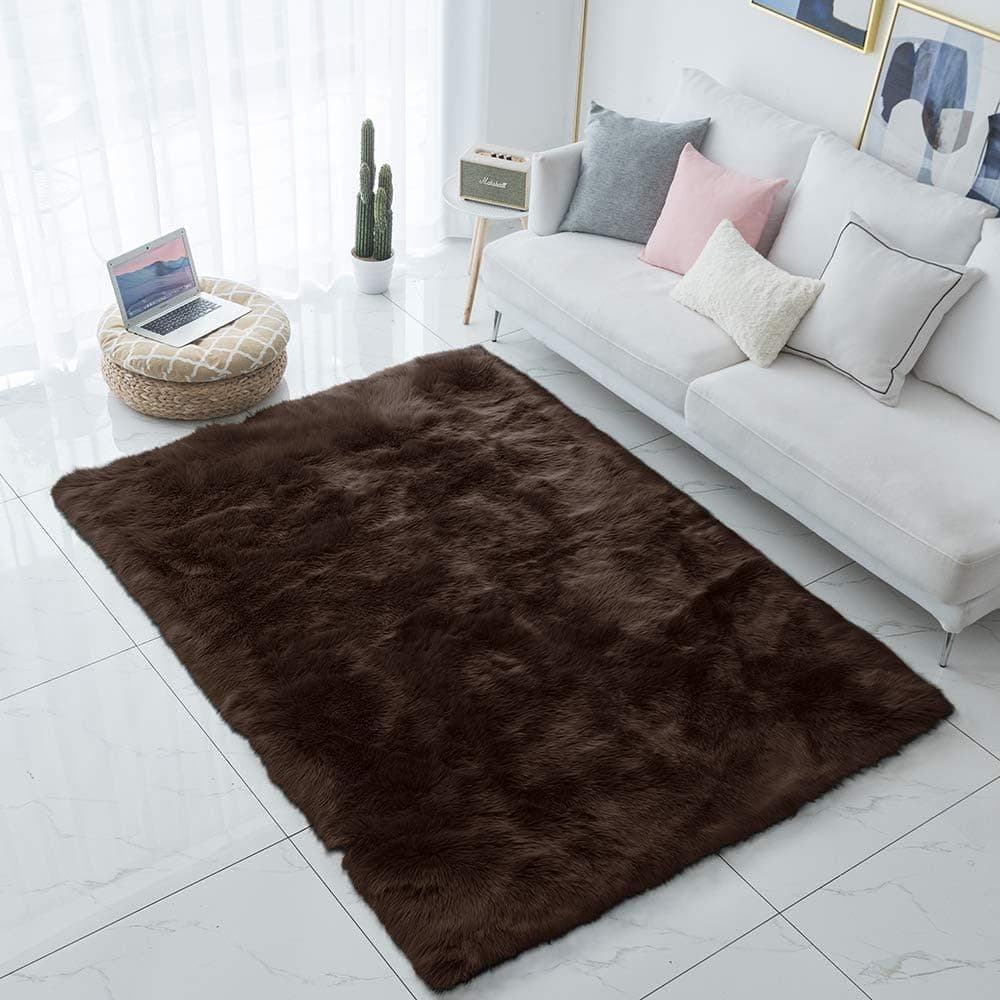 Carvapet Shaggy Soft Faux Sheepskin Fur Area Rug Floor Mat Luxury Beside Carpet for Bedroom Living Room 4ft x 6ft, Brown