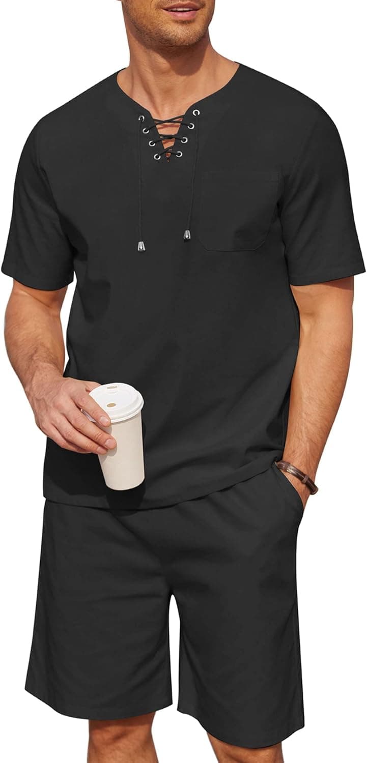 COOFANDY Men's 2 Pieces Linen Set Lace Up Henley Shirt Short Sleeve Casual Beach Hippie Shorts Summer Yoga Outfits