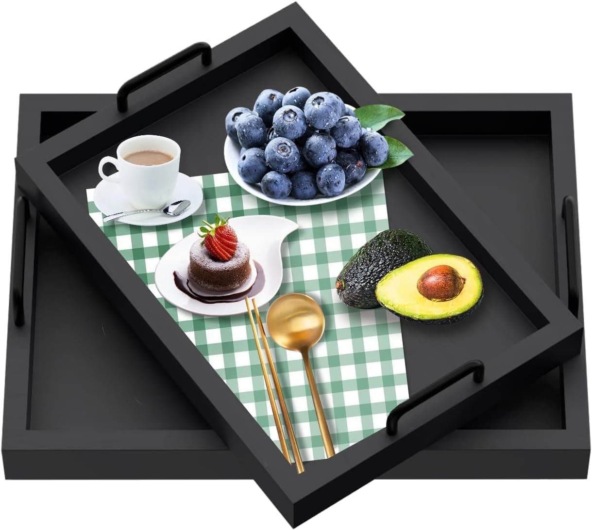 BIGLUFU Serving Tray Set of 2, Rustic Wooden Serving Tray with Metal Handles, Nesting Multipurpose Trays for Breakfast in Bed, Serving Platters Perfect for Ottoman, Coffee Table (Black)
