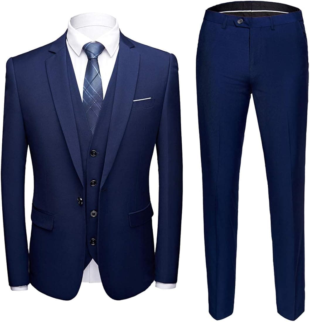MY'S Men's 3 Piece Slim Fit Suit, One Button Jacket Blazer Vest Pants Set and Tie